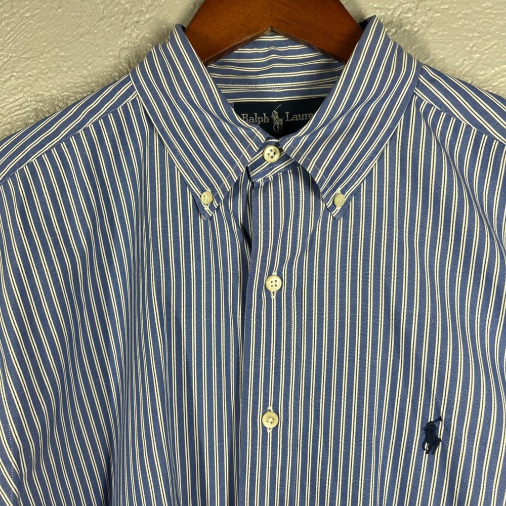 Ralph Lauren Yarmouth Mens 16 32/33 Blue White Striped Cotton Button Down Shirt